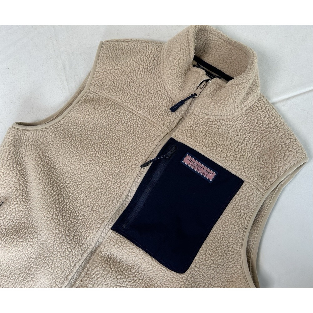 Vineyard Vines Shep & Ian Sherpa Fleece Vest Tan & Navy Women's Small Full Zip